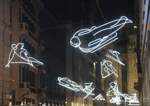 Milano, MI, Italy - January 2, 2026: Bright decorations for the Milan Cortina Winter Olympics and the symbols of the Olympic disciplines