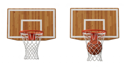 A pair of identical basketball hoops with red rims and nets