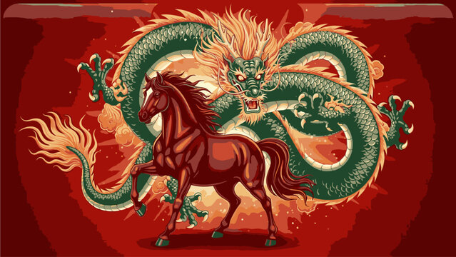 Vibrant illustration of a green dragon and a brown horse on a red background, symbolizing kuda chine's day with a mix of mythical creatures and bold colors.