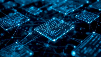 Glowing blue circuit board tiles connected by neural network lines and data nodes in dark digital technology grid - Powered by Adobe