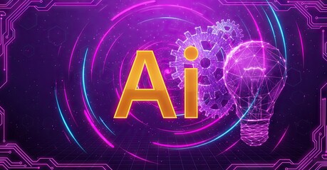 Neon futuristic AI text with glowing circuit lines, light bulb and brain symbol on purple-pink cyber background