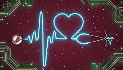 Neon blue heartbeat line forming a heart shape with medical cross, stethoscope, eye and futuristic circuit elements on dark tech background