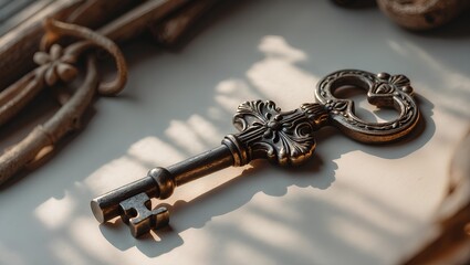 Old Antique Key Showcasing Ornate Design and Aged Metal Patina, Representing Classic Locks, Timeless Access, and the Heritage of Historical Architecture