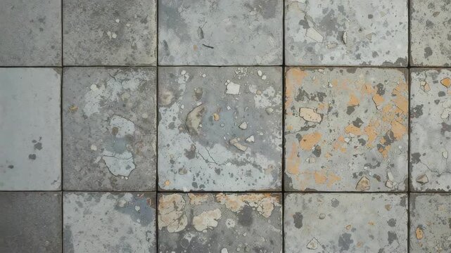 Weathered concrete tiles floor with cracked gray surfaces rust orange stains and aged patina texture pattern