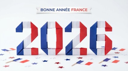 celebratory france 2026 made of 3d origami fold digits with flag print on minimal white background clean 3d numeric composition perfect for new year posters cards and social media templates