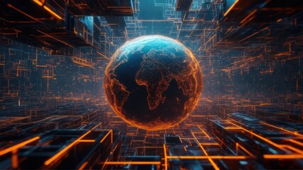 Digital Earth Globe in Futuristic Neon Grid Environment.