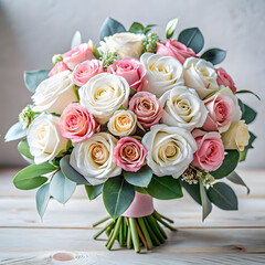 elegant bridal bouquet pink white roses eucalyptus