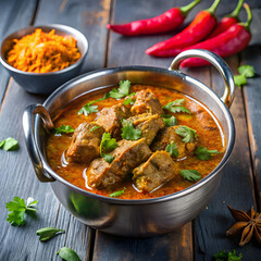 delicious spicy lamb curry in a metal bowl