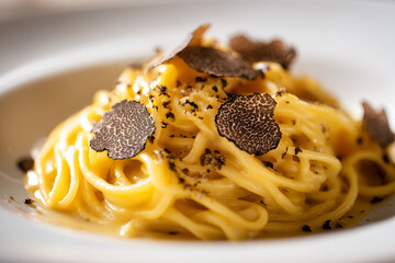 Gourmet Truffle Pasta Delight. Close-up of creamy pasta topped with truffles. Ideal for restaurant menus, Italian cuisine promotions, or fine dining advertisements.