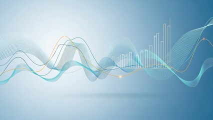 A futuristic digital illustration of wavy lines and bar graphs on a blue background