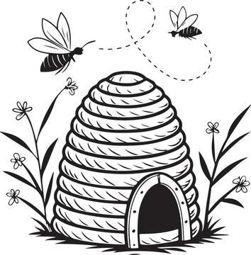 Black and White Beehive Skep with Flying Bees and Flowers Line Art