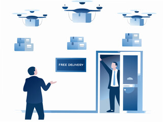 Modern businessmen discussing free delivery with drone technology