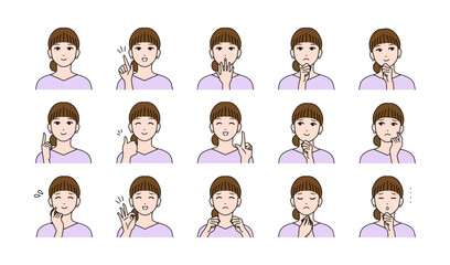 お団子頭の若い女性の様々表情バリエーションセット　ベクター