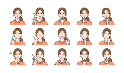 髪を結んだ若い女性の様々表情バリエーションセット　ベクター	