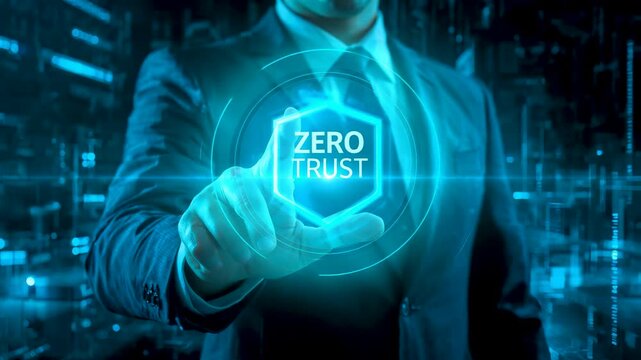 Businessman in suit touching glowing zero trust security hologram in cyber city digital network environment