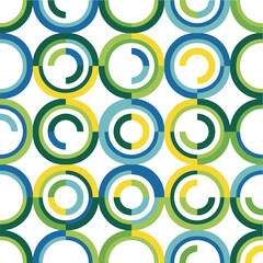 Dynamic abstract seamless pattern featuring interlocking geometric circles and vibrant arcs in a refreshing palette of green, yellow, and blue, ideal for modern design backgrounds