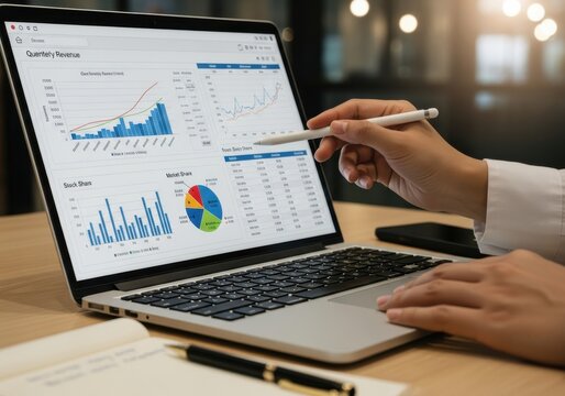 Individual analyzes detailed business performance metrics displayed on a modern portable computer screen