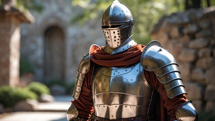 Medieval Armor Suit Displayed in Dramatic Lighting Symbolizing Knightly Protection, Battle Heritage, Historical Warfare Craftsmanship, and the Legacy of Chivalry