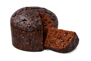 Chocolate panettone with a sliced piece, showing the rich dark chocolate chips, a delicious holiday dessert