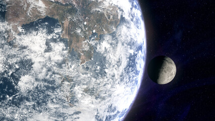 Cinematic planet Earth and Moon space view, glowing earth with city lights and atmospheric rim light, moon drifting through star filled cosmos, epic sci fi mood, deep space exploration © Kittiphat