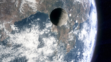 Cinematic planet Earth and Moon space view, glowing earth with city lights and atmospheric rim light, moon drifting through star filled cosmos, epic sci fi mood, deep space exploration