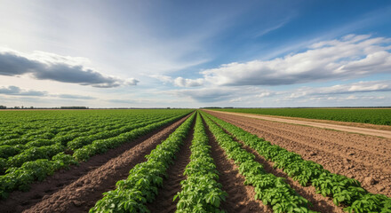 Expansive view of verdant rows of crops in a field under a vast, cloud-filled sky; landscape composition