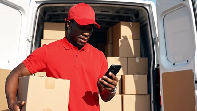 Efficient Delivery Service: A focused delivery worker wearing a vibrant red uniform, carefully scans a package, ensuring smooth and timely distribution within a spacious delivery van. 