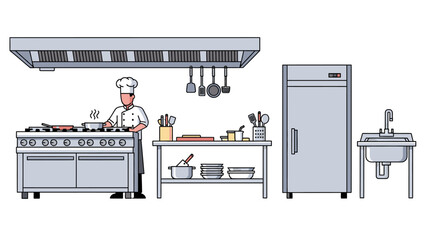 A chef in a white uniform and hat stands at a commercial stove in a kitchen with various appliances and utensils. © AldiSetiawan07