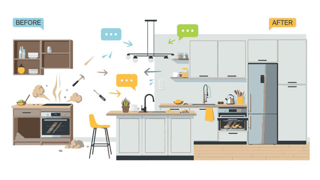 Illustration of a kitchen renovation process with a before and after comparison showcasing a modern kitchen design with appliances and furniture.