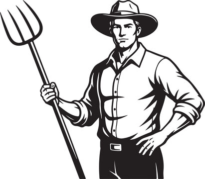 Determined Farmer Mascot in Hat Holding Pitchfork Black and White Illustration