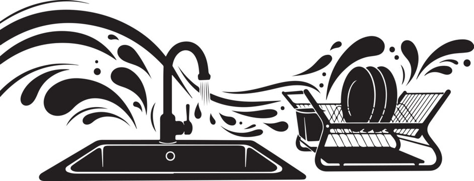 Black and white kitchen sink with clean dishes nearby