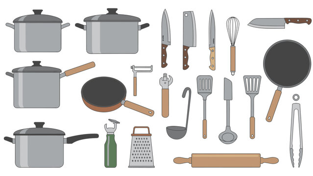 Flat lay of various kitchen utensils and cookware on a clean white background, including pots, pans, knives, and gadgets.