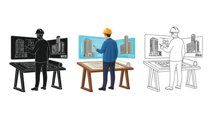 Architect or engineer reviewing city skyline blueprint at drafting table, silhouette, color illustration, and outline drawing