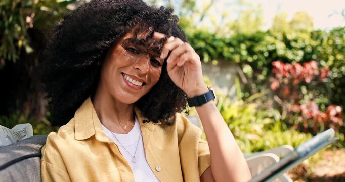 Face, woman outdoor and smile with tablet for reading blog, social media post or internet search. Happy, female person and browsing with tech in backyard for online news, website or relaxing weekend.