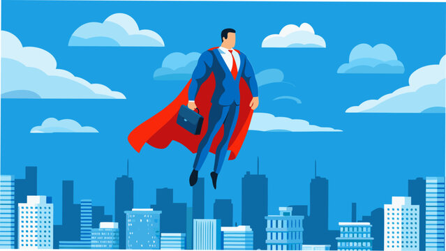 Confident businessman in superhero suit flying over cityscape