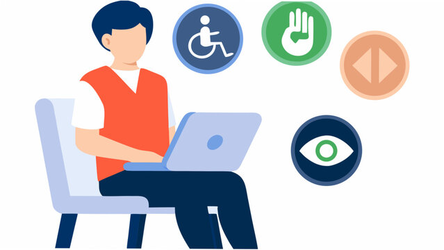 Man using laptop with accessibility icons nearby for inclusive technology