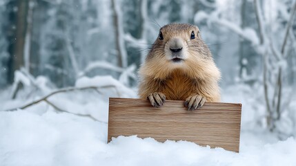 A cute groundhog blank wood sign in snowy forest landscape. Cute rodent waits for spring or winter event. Cute animal offers empty board for message.