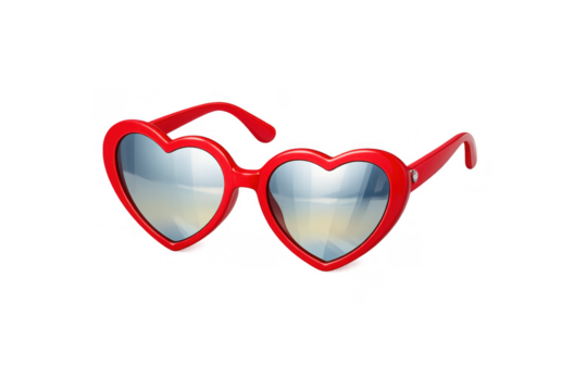 Red heart shaped sunglasses featuring reflective lenses, a symbol of summer, love, and trendy accessories. Transparent background - Powered by Adobe