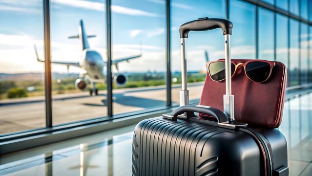luggage on airport terminal background