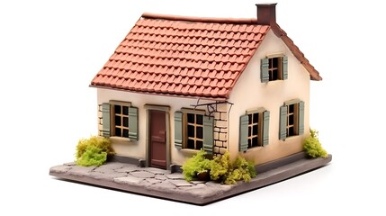 Charming miniature house model with red tile roof and green shutters