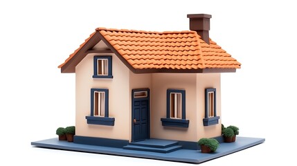 Charming small house with orange roof and blue trim on white background