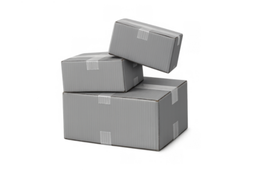 Stack of gray cardboard boxes taped for shipping, delivering, and logistics on transparent background