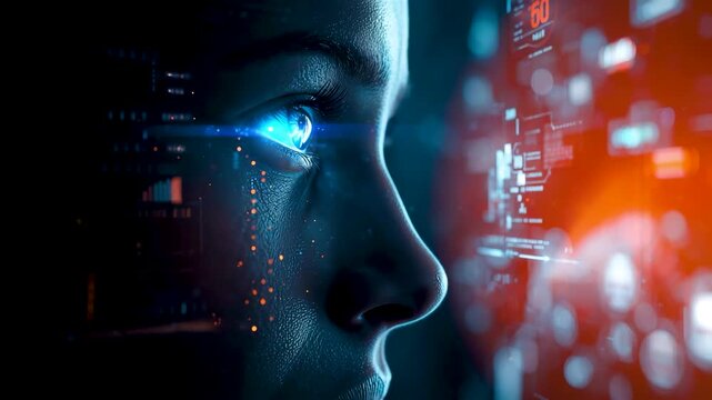 Woman profile with glowing blue eyes surrounded by digital code matrix particles and neon data streams in cyber tech vision