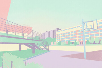 Serene urban background featuring a basketball hoop and school building, lo-fi aesthetic pastel poster design.