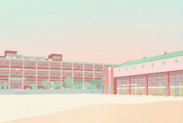 Minimalist pastel illustration of a school building and empty playground for poster background.