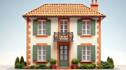 Charming miniature house with green shutters and orange roof tiles