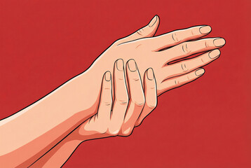 Graphic illustration of hands massaging a wrist, concept of carpal tunnel syndrome for medical posters.