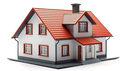 Charming white house with red roof and trim on gray platform