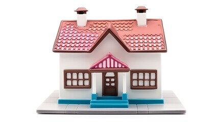 Charming miniature white house with pink roof and brown door