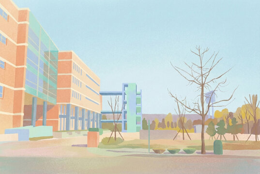 Modern university campus building illustration for educational posters.
